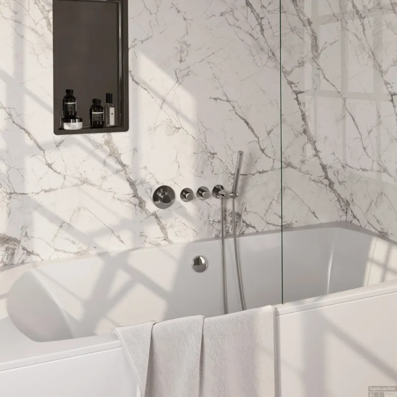 Brauer Stripe thermostatische inbouw badkraan SET 01 met badvulcombinatie en staaf handdouche en doucheslang en wandaansluitbocht chroom Premium