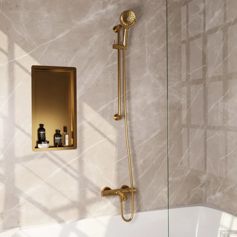 Op = Op Brauer Stripe opbouw baddouche thermostaatkraan SET 02 met glijstang en 3-standen handdouche en doucheslang goud geborsteld PVD