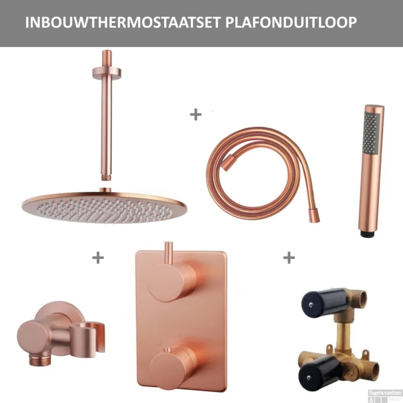 Speciale Aanbieding Thermostatisch Inbouwdoucheset BWS Plafonduitloop Rond 30 cm Geborsteld Koper
