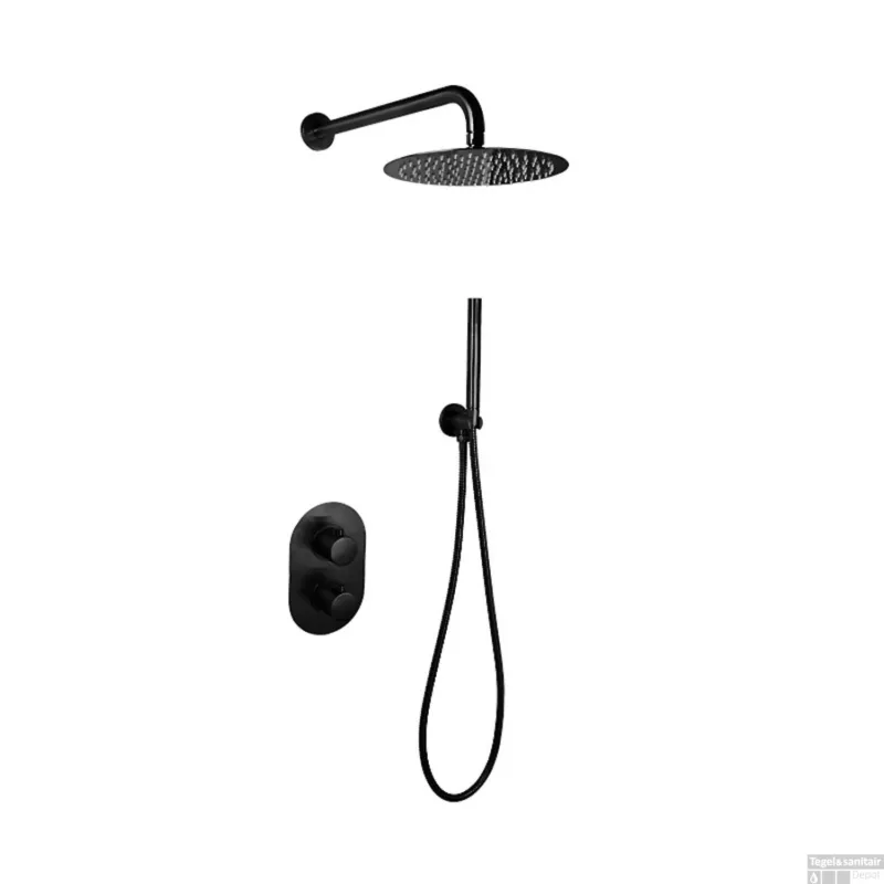 Doucheset Sanilux Rubb Inbouw Met Thermostaat, Douchekop 25 cm, Doucheslang en Handdouche Mat Zwart Hoge Kwaliteit