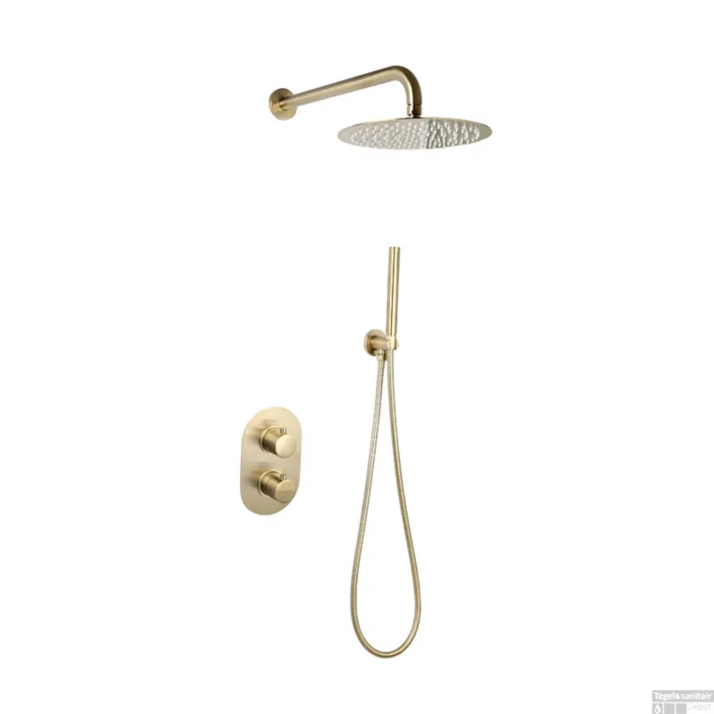 Doucheset Sanilux Rubb Inbouw Met Thermostaat, Douchekop 25 cm, Doucheslang en Handdouche Geborsteld Goud Koopje