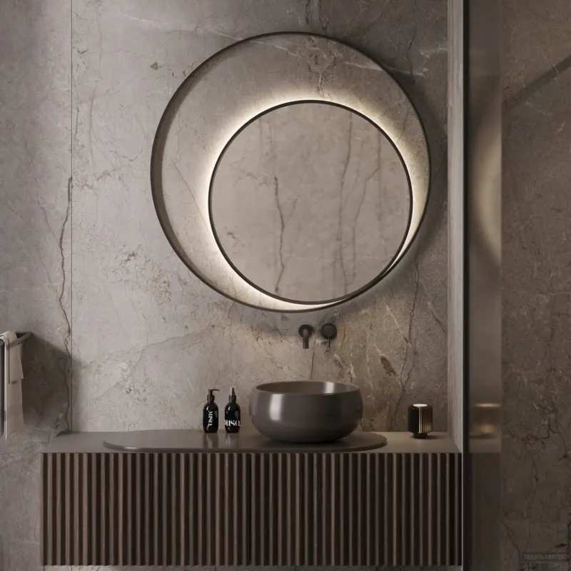 Designspiegel Martens & Meijer Athene Rond met Frame en Indirecte LED Verlichting 90 cm Mat Zwart Goedkoop