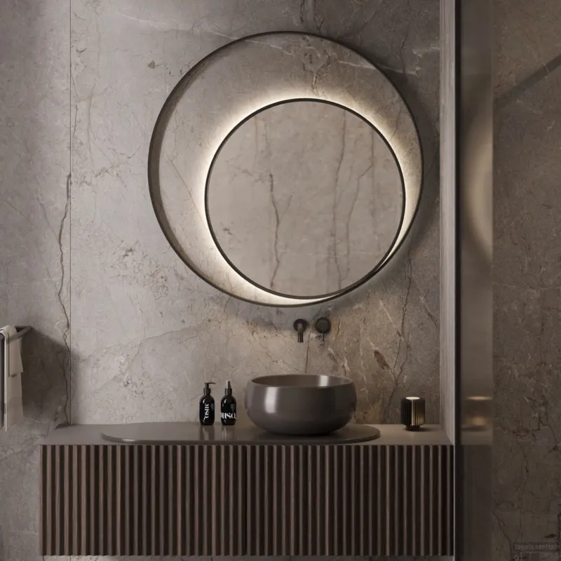 Koop Online Designspiegel Martens & Meijer Athene Rond met Frame en Indirecte LED Verlichting 90 cm Geborsteld Koper
