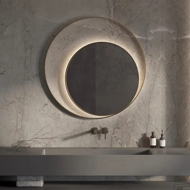 Flitsaanbieding Designspiegel Martens & Meijer Athene Rond met Frame en Indirecte LED Verlichting 90 cm Geborsteld Goud