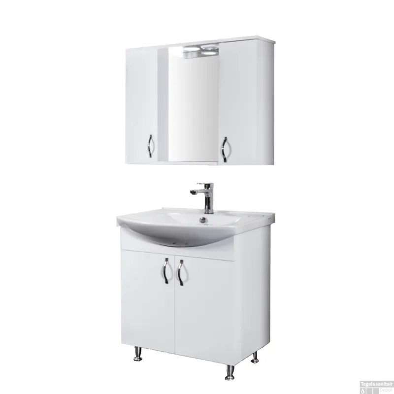 Beperkte Voorraad Badkamermeubelset BWS Aleco 80 cm incl. Spiegelkast met Verlichting en Wastafel Wit