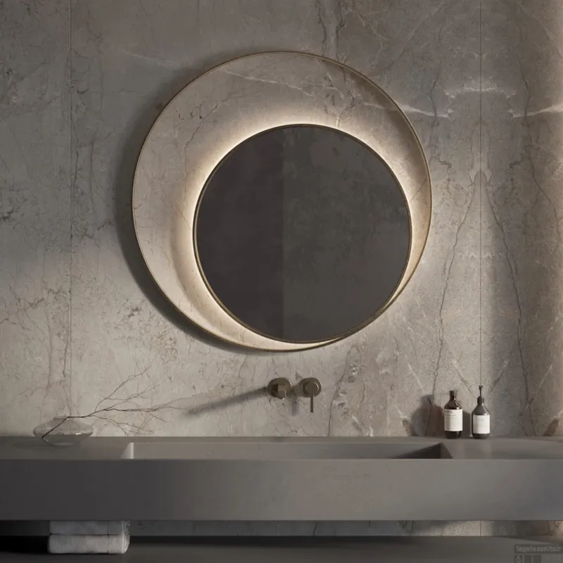 Designspiegel Martens & Meijer Athene Rond met Frame en Indirecte LED Verlichting 120 cm Geborsteld Messing Finale Uitverkoop