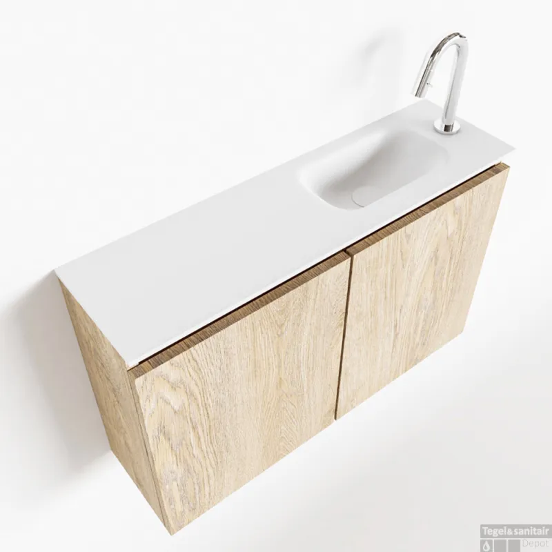 Uitverkoop MONDIAZ TURE 80cm toiletmeubel washed oak. EDEN wastafel talc rechts 1 kraangat