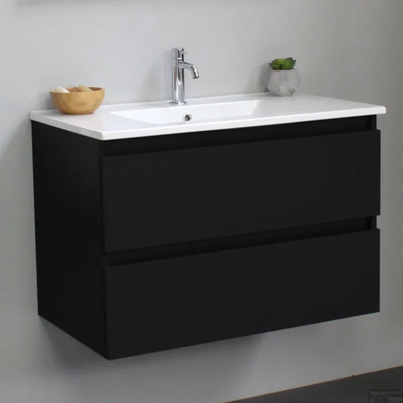 Snelle Levering Badkamermeubel BWS Pepper Wastafel Porselein Met Kraangat 80x55x46 cm Mat Zwart