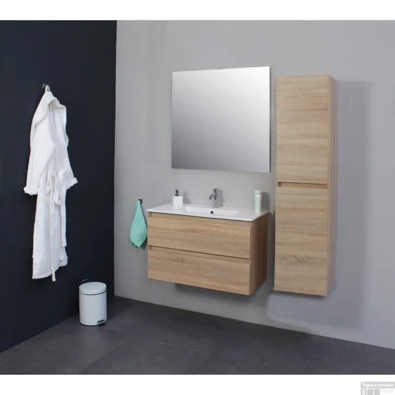 Badkamermeubel BWS Pepper Wastafel Porselein Incl Spiegel En Kraangat 80x55x46 cm Eiken Direct Verzonden