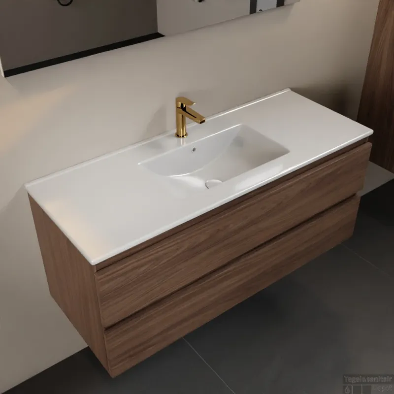MONDIAZ AIVY 120cm badmeubel Mocha, wastafel glanzend wit keramiek midden 1 kraangat (M60103 - AI-M120MOMI) Gereduceerde Prijs