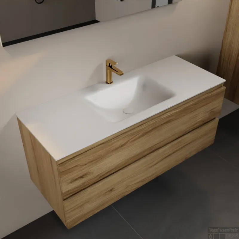 Beperkte Voorraad MONDIAZ AIVY 120cm badmeubel Chai, wastafel Talc solid surface midden 1 kraangat (AI-351621TALC-SI - AI-M120CHMI)