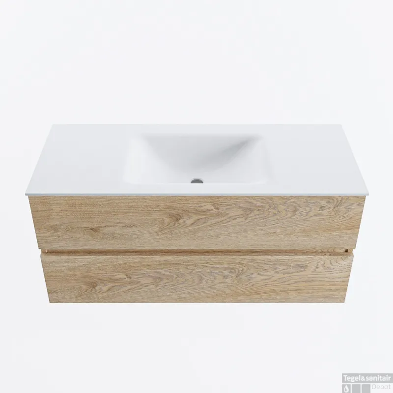 Fabrieksprijs MONDIAZ VICA 110cm badmeubel onderkast Washed Oak 2 lades. Wastafel CLOUD midden 1 kraangat, kleur Talc.