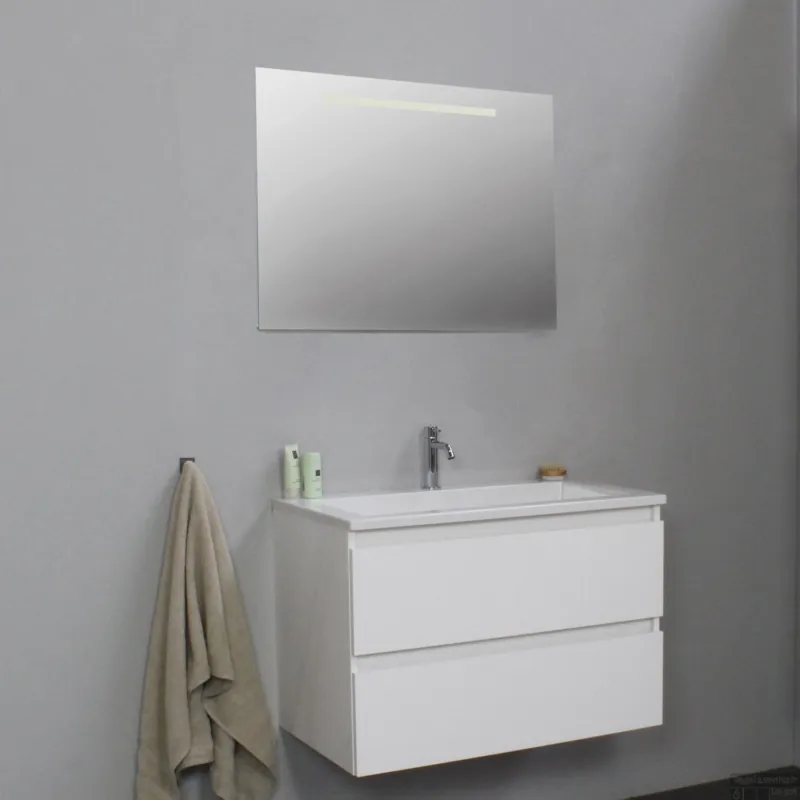 Badkamermeubel BWS Pepper Acryl Wastafel Incl Spiegel Met LED Verlichting Met Kraangat 80x55x46 cm Wit Alleen Vandaag