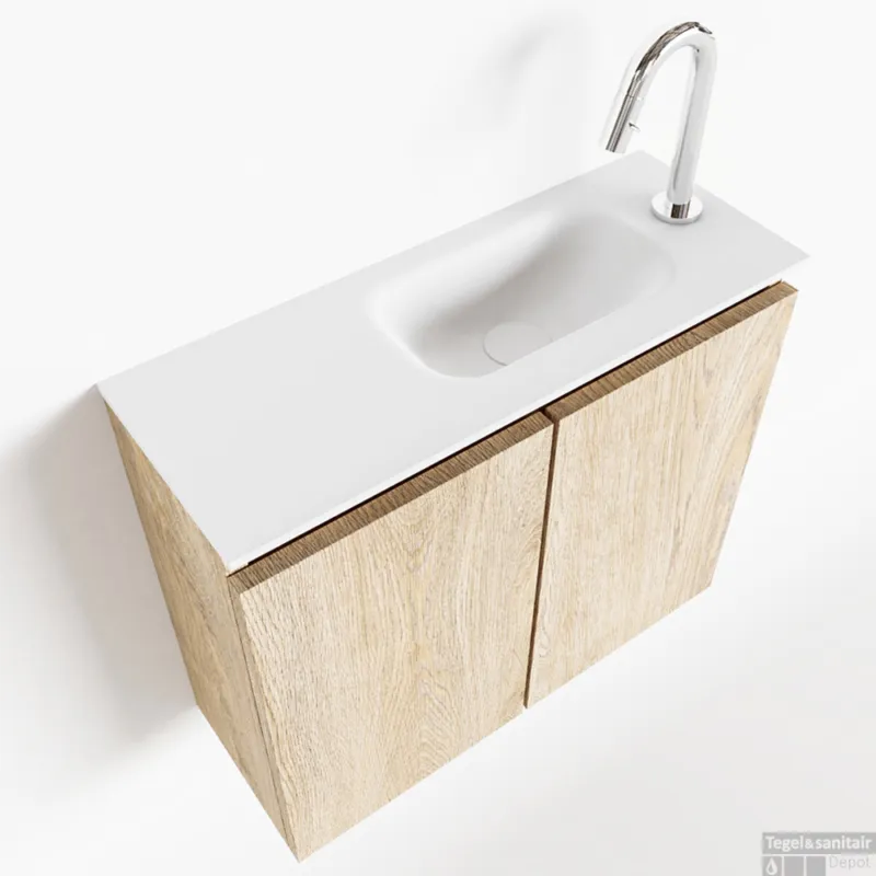 Express Levering MONDIAZ TURE 60cm toiletmeubel washed oak. EDEN wastafel talc rechts 1 kraangat