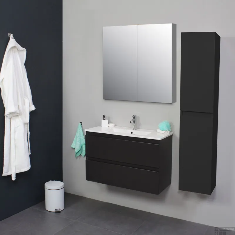 Nu Kopen Badkamermeubel BWS Pepper Wastafel Porselein Incl Spiegelkast 2 Deurs Met 1 Krg 80x55x46 cm Antraciet