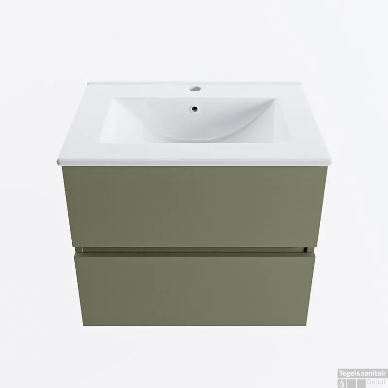 Bestel Nu MONDIAZ VICA 60cm badmeubel onderkast Army 2 lades. Wastafel DENIA midden 1 kraangat, kleur Glanzend Wit.