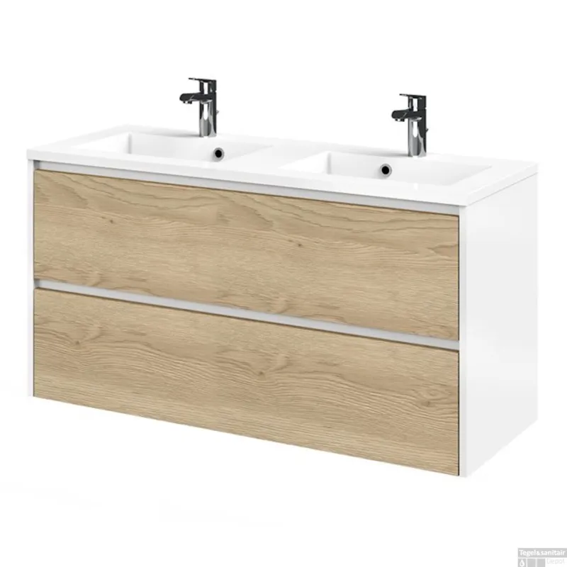 Nu Kopen Tiger Reverse Meubelset 120 cm met 2 lades Naturel eik - Mat wit incl Quadro wastafel Hoogglans wit - 800320