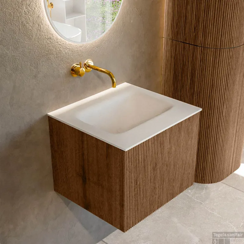 Beperkte Voorraad Mondiaz KURVE 50 cm Onderkast Greeploos 1 Lade Zonder Deuren Walnut, Wastafel Solid Surface Midden Talc 0 Kraangaten Zonder Spiegel (KRVGRU501L0D0KM-Wal/Tal)