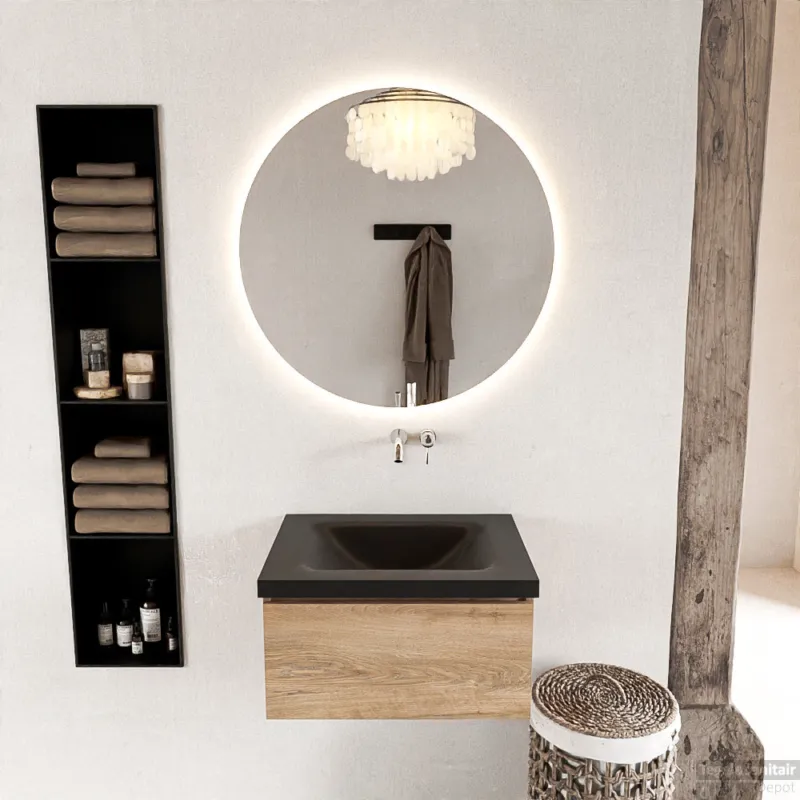 MONDIAZ BUKLA 60cm badmeubel modulair kleur Washed Oak met 1 lade. Wastafel CLOUD midden 0 kraangaten kleur Urban. Nieuw