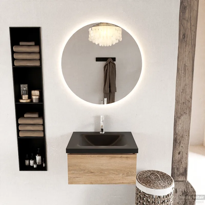 MONDIAZ BUKLA 60cm badmeubel modulair kleur Washed Oak met 1 lade. Wastafel CLOUD midden 1 kraangat kleur Urban. Premium