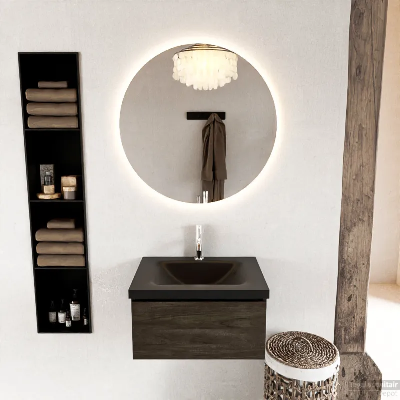 MONDIAZ BUKLA 60cm badmeubel modulair kleur Dark Brown met 1 lade. Wastafel CLOUD midden 1 kraangat kleur Urban. Koop Vandaag