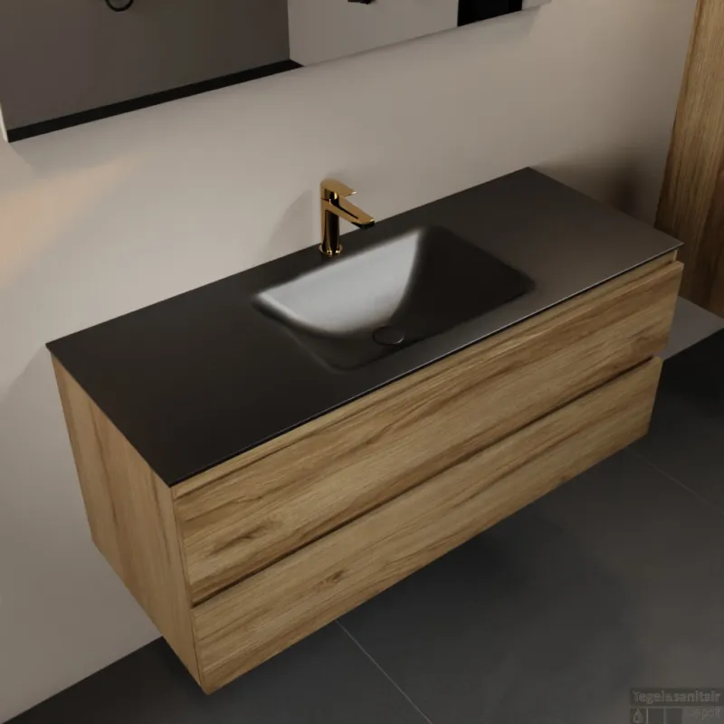 MONDIAZ AIVY 120cm badmeubel Chai, wastafel Urban solid surface midden 1 kraangat met spiegel (AI-351621URBAN-SI - AI-M120CHMI - AI-S120X70) Premium