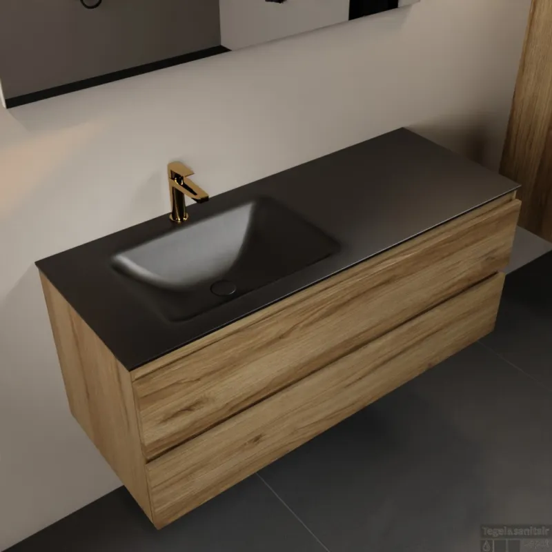 MONDIAZ AIVY 120cm badmeubel Chai, wastafel Urban solid surface links 1 kraangat met spiegel (AI-351631URBAN-SI - AI-M120CHLI - AI-S120X71) Weekendaanbieding