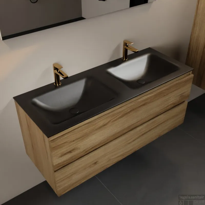Dagaanbieding MONDIAZ AIVY 120cm badmeubel Chai, wastafel Urban solid surface dubbel 2 kraangaten met spiegel (AI-351651URBAN-SI - AI-M120CHDU - AI-S120X73)