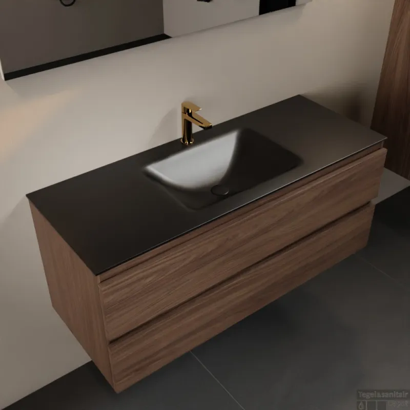 Flitsaanbieding MONDIAZ AIVY 120cm badmeubel Mocha, wastafel Urban solid surface midden 1 kraangat met spiegel (AI-351621URBAN-SI - AI-M120MOMI - AI-S120X70)