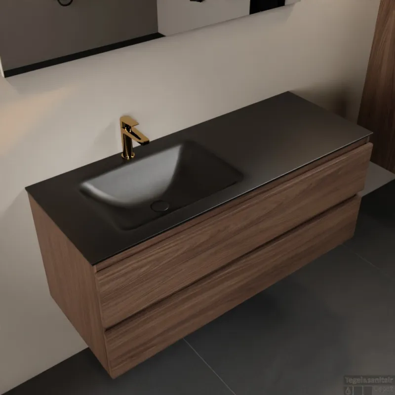 Gereduceerde Prijs MONDIAZ AIVY 120cm badmeubel Mocha, wastafel Urban solid surface links 1 kraangat met spiegel (AI-351631URBAN-SI - AI-M120MOLI - AI-S120X71)