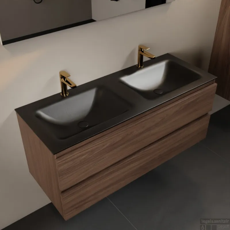 Superprijs MONDIAZ AIVY 120cm badmeubel Mocha, wastafel Urban solid surface dubbel 2 kraangaten met spiegel (AI-351651URBAN-SI - AI-M120MODU - AI-S120X73)