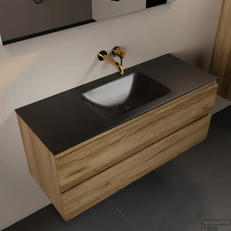 MONDIAZ AIVY 120cm badmeubel Chai, wastafel Urban solid surface midden zonder kraangat met spiegel (AI-351621URBAN-NO - AI-M120CHMI - AI-S120X70) Gereduceerde Prijs