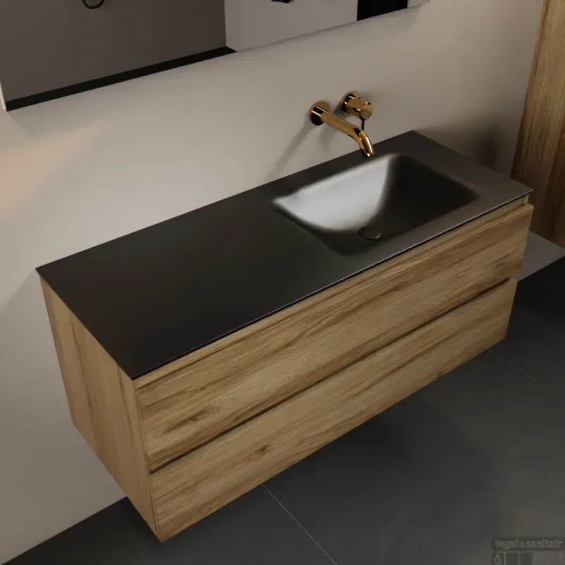 MONDIAZ AIVY 120cm badmeubel Chai, wastafel Urban solid surface rechts zonder kraangat met spiegel (AI-351641URBAN-NO - AI-M120CHRE - AI-S120X72) Hoge Kwaliteit