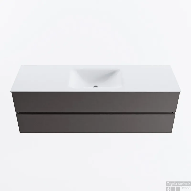 Korting MONDIAZ VICA 150cm badmeubel onderkast Dark Grey 2 lades. Wastafel CLOUD midden zonder kraangat, kleur Talc.