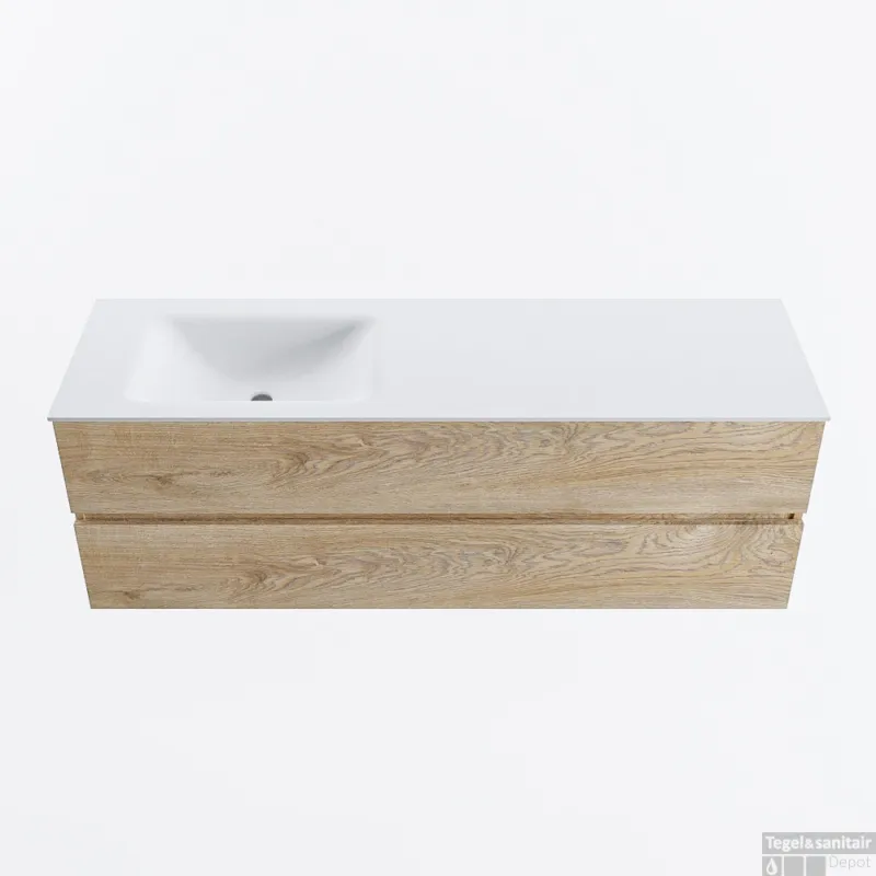 Lage Prijs MONDIAZ VICA 150cm badmeubel onderkast Washed Oak 2 lades. Wastafel CLOUD links 1 kraangat, kleur Talc.