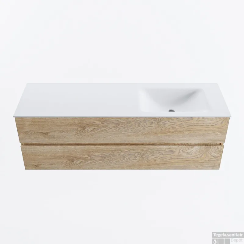 Gratis Retour MONDIAZ VICA 150cm badmeubel onderkast Washed Oak 2 lades. Wastafel CLOUD rechts 1 kraangat, kleur Talc.