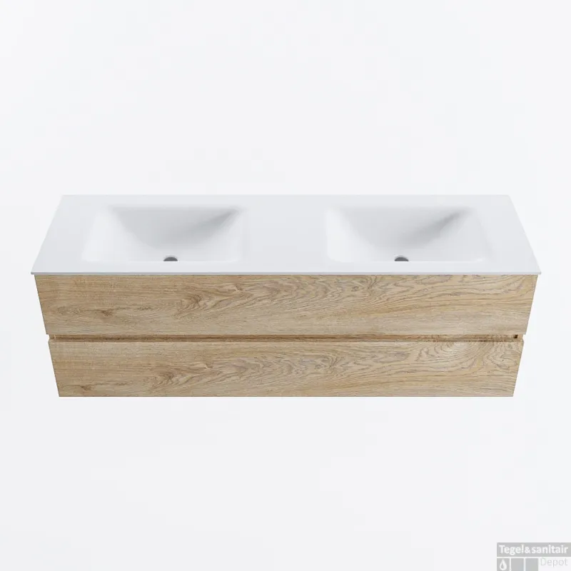 Direct Verzonden MONDIAZ VICA 150cm badmeubel onderkast Washed Oak 2 lades. Wastafel CLOUD dubbel 2 kraangaten, kleur Talc.