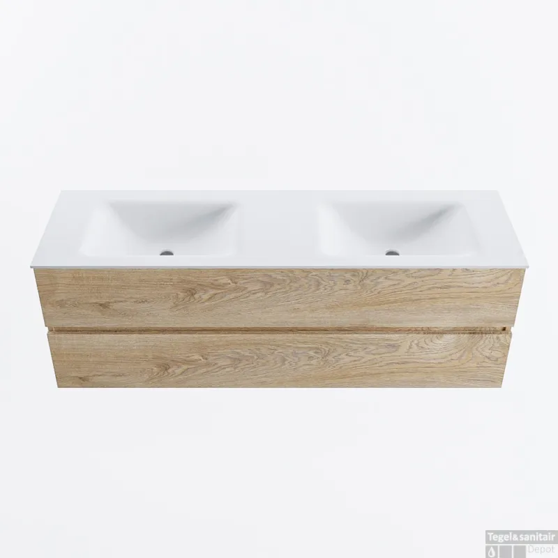 Meest Verkocht MONDIAZ VICA 150cm badmeubel onderkast Washed Oak 2 lades. Wastafel CLOUD dubbel zonder kraangat, kleur Talc.