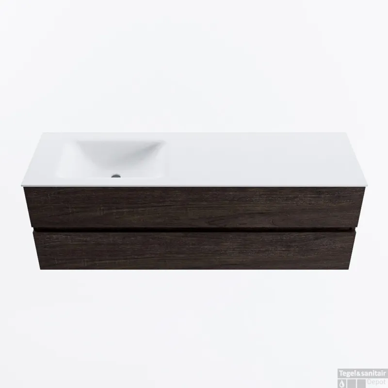 Direct Beschikbaar MONDIAZ VICA 150cm badmeubel onderkast Dark Brown 2 lades. Wastafel CLOUD links zonder kraangat, kleur Talc.