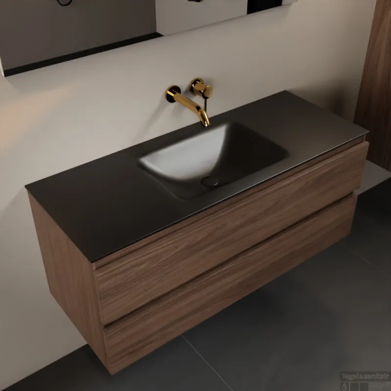 MONDIAZ AIVY 120cm badmeubel Mocha, wastafel Urban solid surface midden zonder kraangat met spiegel (AI-351621URBAN-NO - AI-M120MOMI - AI-S120X70) Betrouwbaar