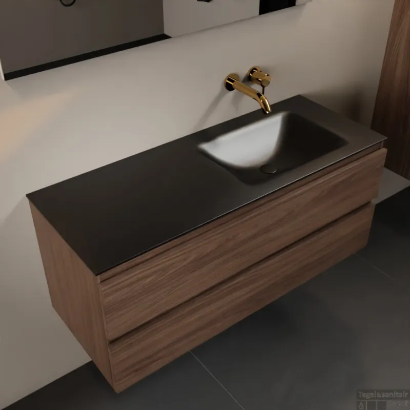 MONDIAZ AIVY 120cm badmeubel Mocha, wastafel Urban solid surface rechts zonder kraangat met spiegel (AI-351641URBAN-NO - AI-M120MORE - AI-S120X72) Exclusieve Aanbieding