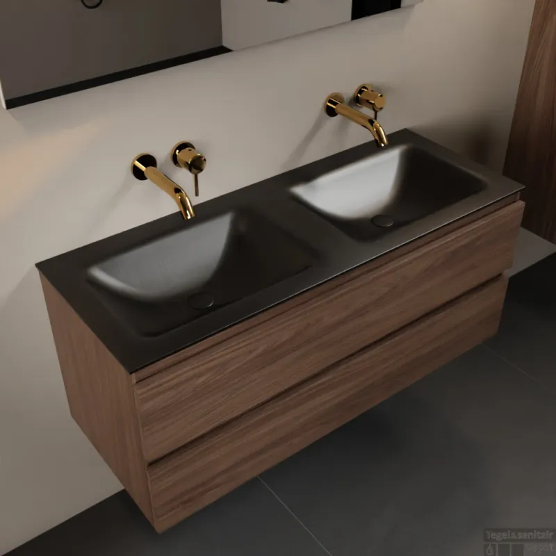 MONDIAZ AIVY 120cm badmeubel Mocha, wastafel Urban solid surface dubbel zonder kraangat met spiegel (AI-351651URBAN-NO - AI-M120MODU - AI-S120X73) Direct Beschikbaar