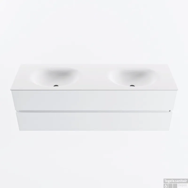 Weekendaanbieding MONDIAZ VICA 150cm badmeubel onderkast Talc 2 lades. Wastafel MOON dubbel 2 kraangaten, kleur Talc.