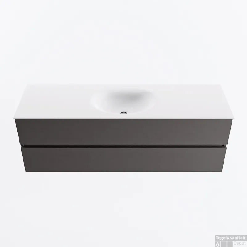 Lage Prijs MONDIAZ VICA 150cm badmeubel onderkast Dark Grey 2 lades. Wastafel MOON midden zonder kraangat, kleur Talc.
