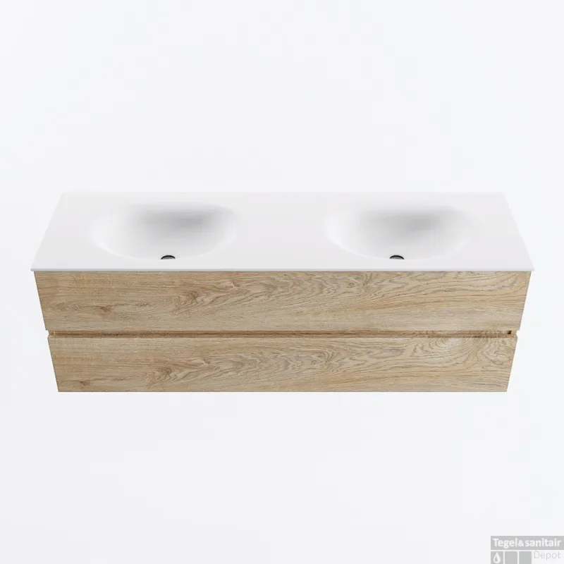 Laatste Kans MONDIAZ VICA 150cm badmeubel onderkast Washed Oak 2 lades. Wastafel MOON dubbel 2 kraangaten, kleur Talc.