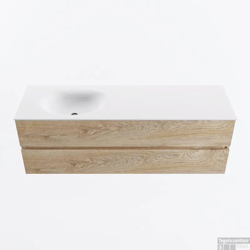 Bestel Nu MONDIAZ VICA 150cm badmeubel onderkast Washed Oak 2 lades. Wastafel MOON links zonder kraangat, kleur Talc.