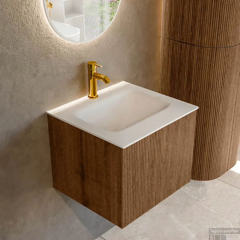 Fabrieksprijs Mondiaz KURVE 50 cm Onderkast Greeploos 1 Lade Zonder Deuren Walnut, Wastafel Solid Surface Midden Talc 1 Kraangat Zonder Spiegel (KRVGRU501L0D1KM-Wal/Tal)
