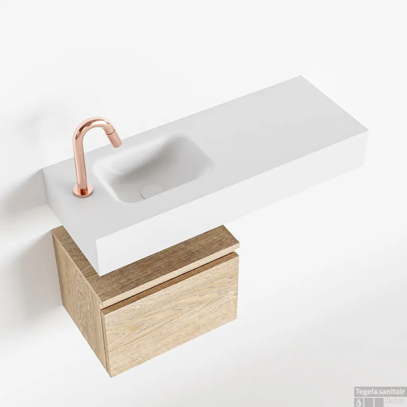 MONDIAZ ANDOR 40cm toiletmeubel washed oak. LEX 80cm wastafel talc links 1 kraangat Bestseller