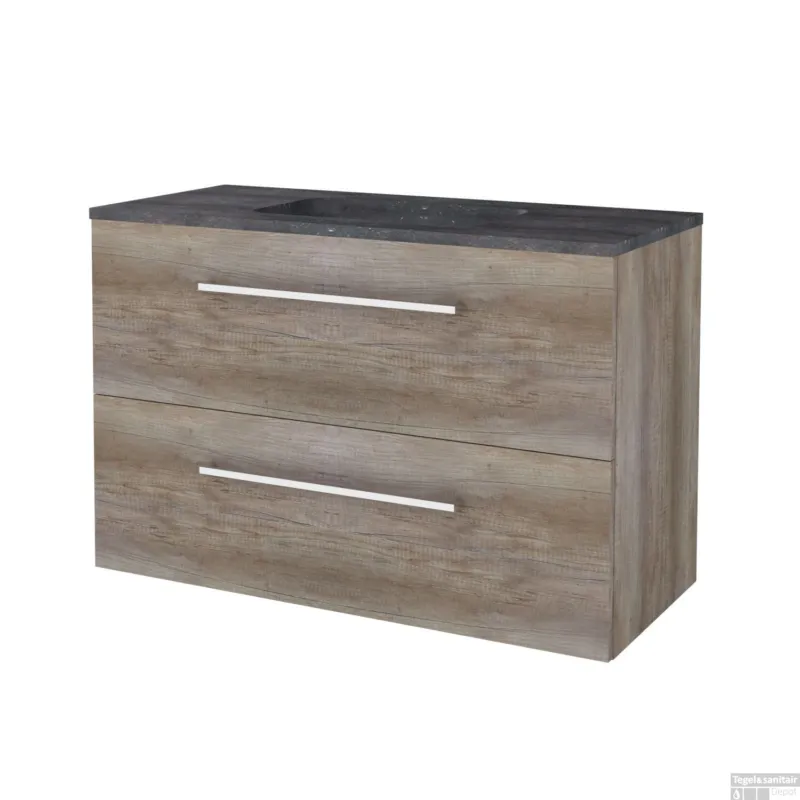 Nu Kopen Badmeubelset BWS Salt 100x46cm Met Grepen 2 Lades Met Wastafel Hardsteen Scotch Oak