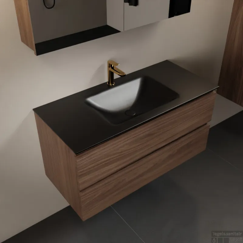 MONDIAZ AIVY 100cm badmeubel Mocha, wastafel Urban solid surface midden 1 kraangat met spiegelkast (AI-351321URBAN-SI - AI-M100MOMI - AI-C100MOMI) Beperkt Aanbod